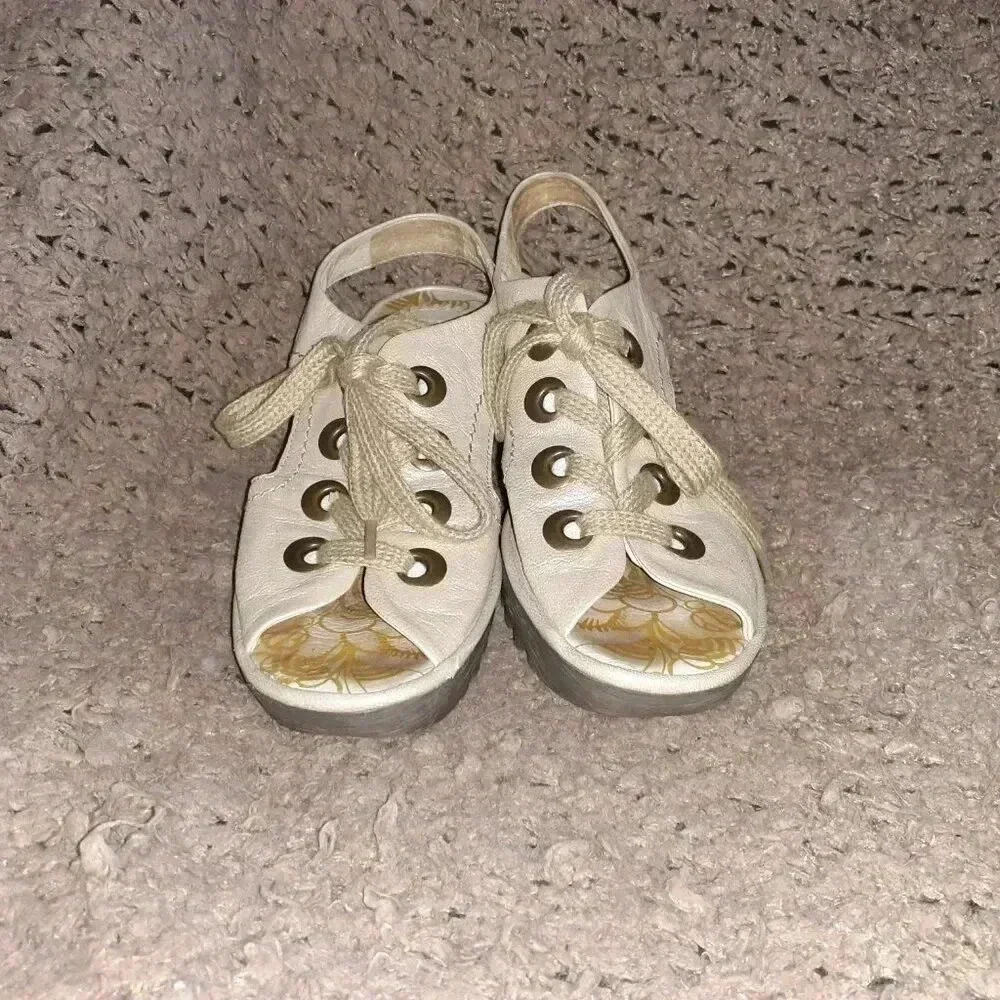 FLY LONDON-Ylva-Pearlescent Shimmer Leather Lace Up Wedge-Sz 38-7.5-Excellent